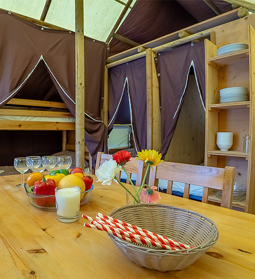 Kitchenette uitgerust met de ongewone trapper tent, ongewone accommodatie verhuur op de Ballastières camping in Champagney