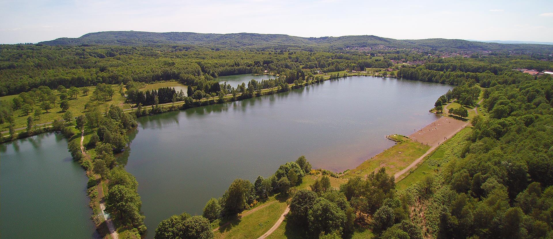 Aerial view of the Ballastières lakes in Haute-Saône