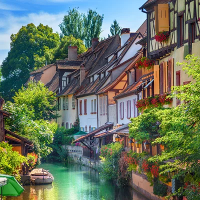 Maisons colorées avec canal verdoyant à Colmar.