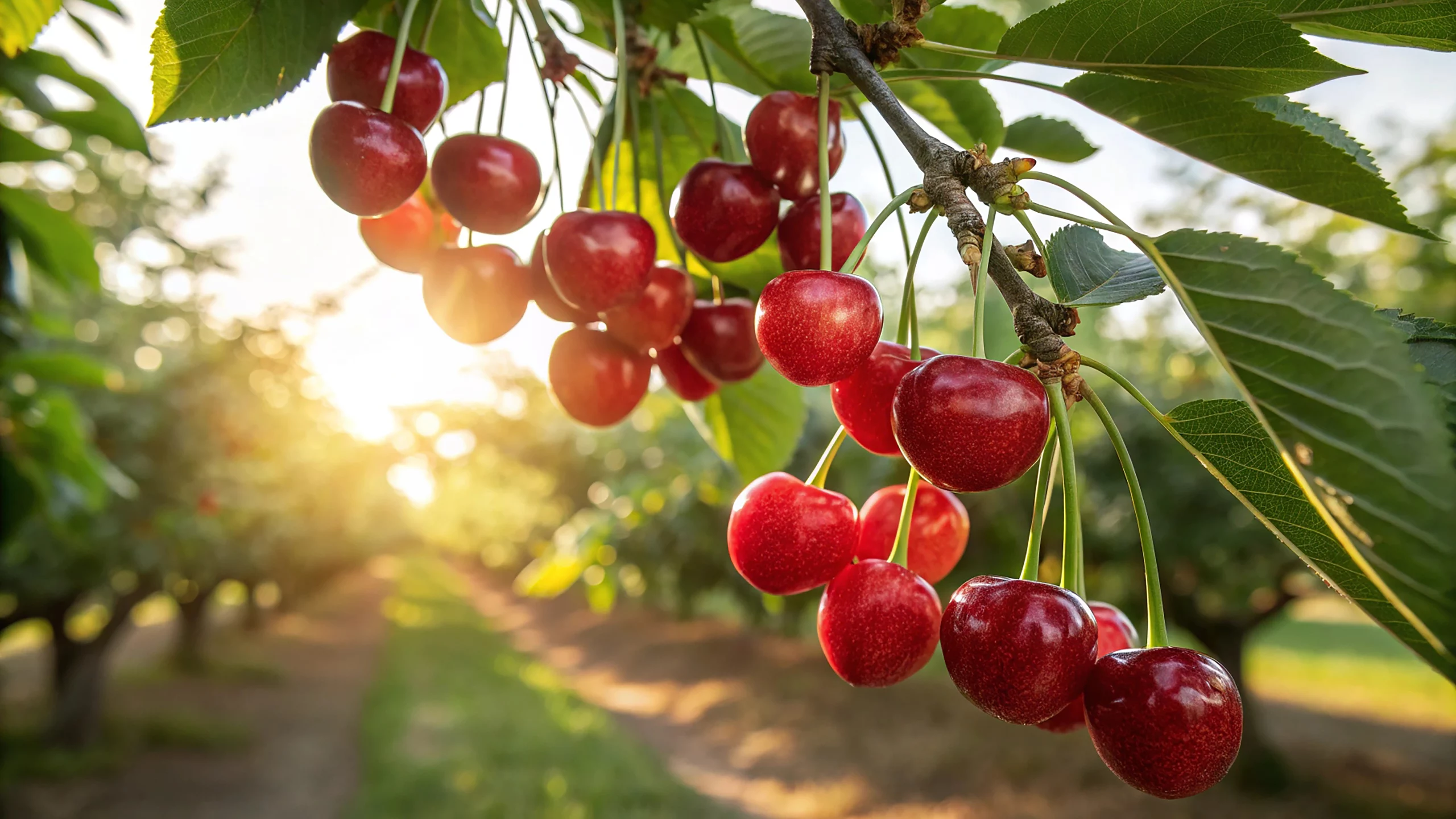 Cerises rouges sur arbre ensoleillé dans le verger.