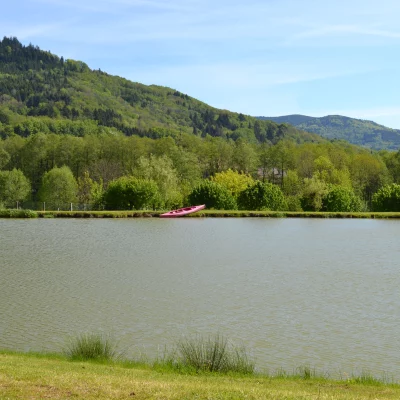 Lac avec forêt et kayak rose au bord.